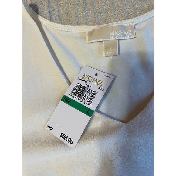 NWT Michael Kors Glam Minimalist Ivory Flowy Long Sleeve V Neck Blouse Large - Picture 3 of 12